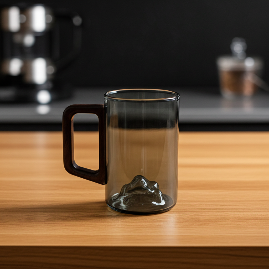 Set of 4 Smokey Gray Glass Coffee Cups with Wooden Handles 350ml Tall Mountain Mugs for Latte Tea Coffee & Iced Drinks