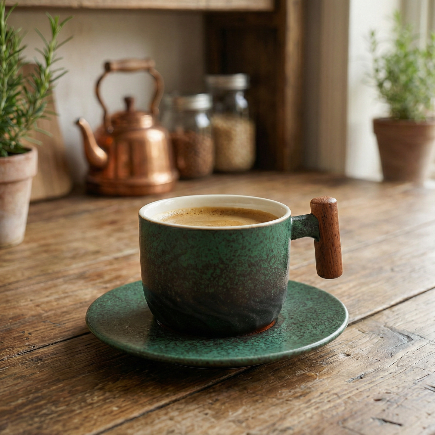 Set of 3 Ceramic Coffee Cups with Wooden Handles Vintage Flat White Cups 180ml Rustic Coffee Mugs for Latte Tea & Espresso