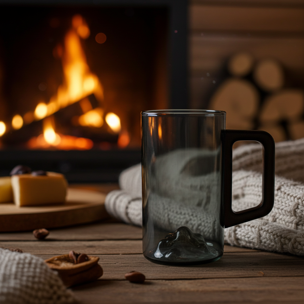 Set of 4 Smokey Gray Glass Coffee Cups with Wooden Handles 350ml Tall Mountain Mugs for Latte Tea Coffee & Iced Drinks
