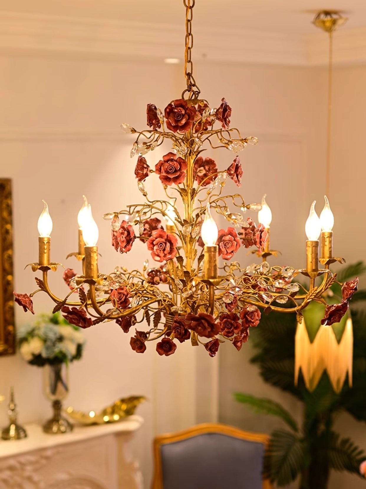 French Country Rose Chandelier – Vintage Floral Ceiling Light