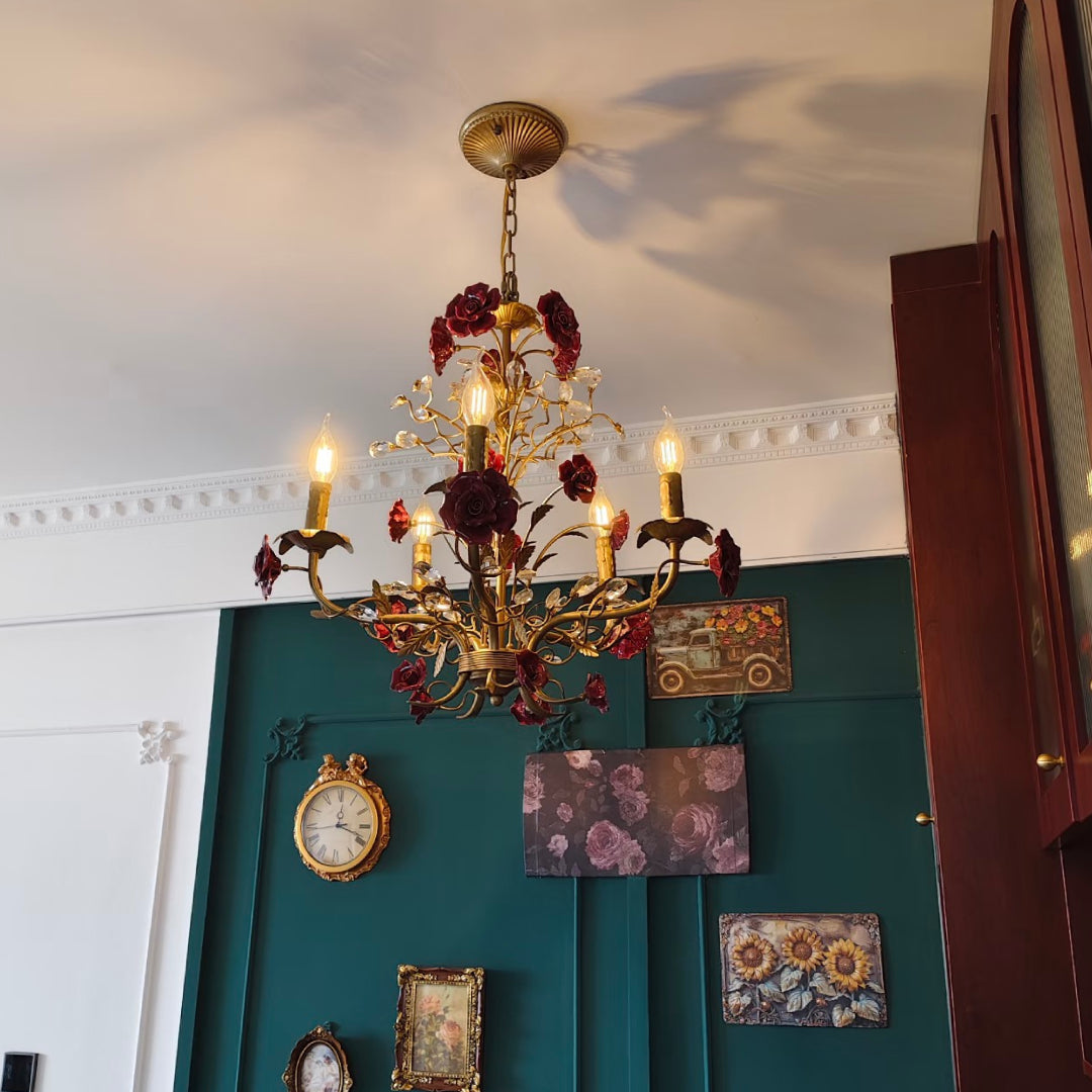 French Country Rose Chandelier – Vintage Floral Ceiling Light