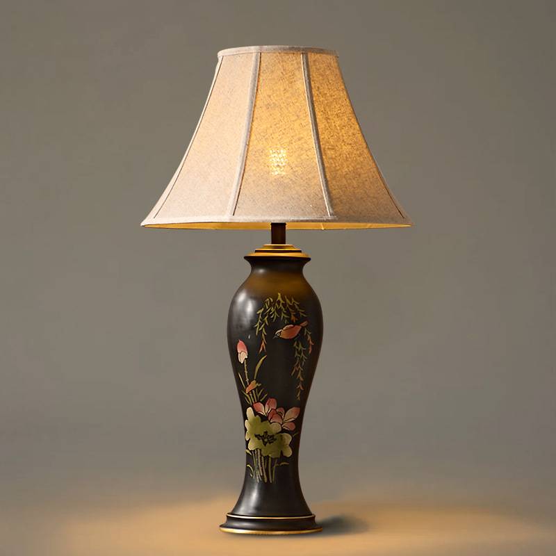 Decorative Tall Table Lamp – Ceramic Body with Floral Artwork