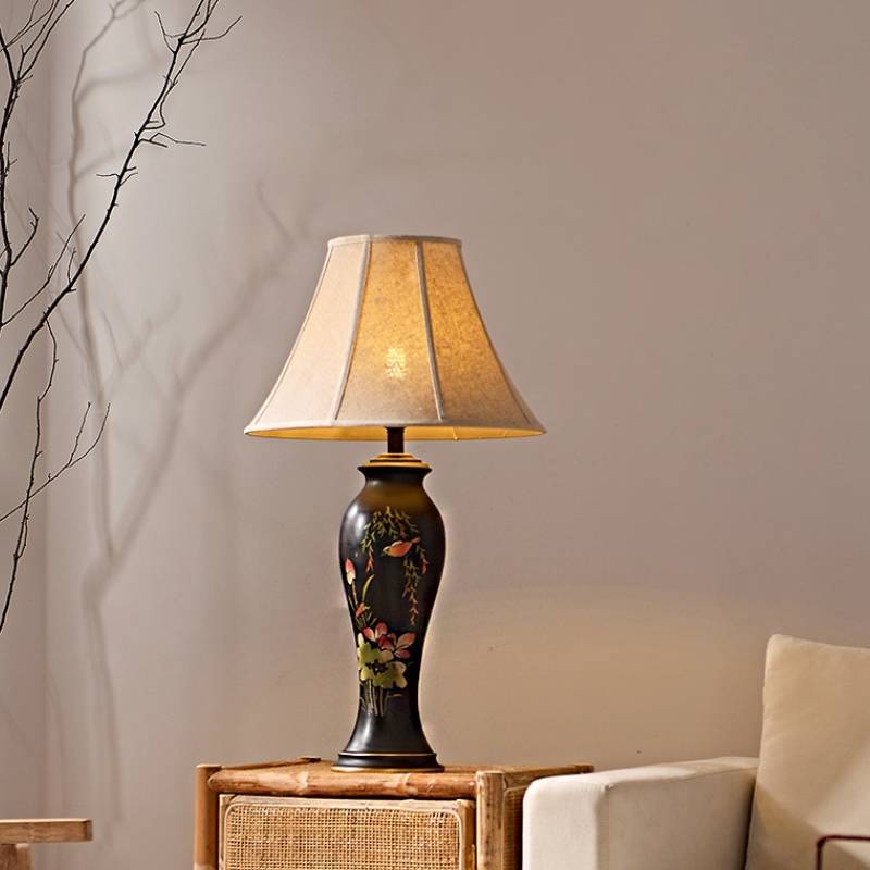 Decorative Tall Table Lamp – Ceramic Body with Floral Artwork