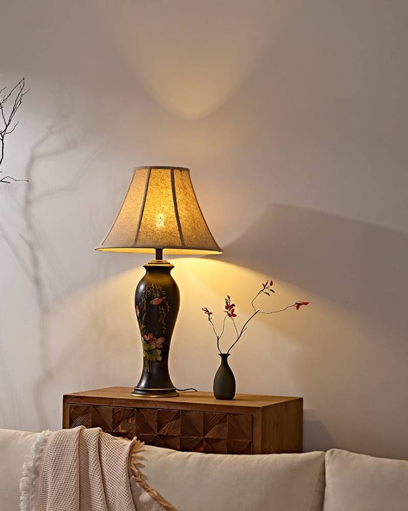 Decorative Tall Table Lamp – Ceramic Body with Floral Artwork