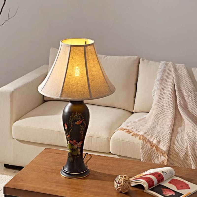 Decorative Tall Table Lamp – Ceramic Body with Floral Artwork