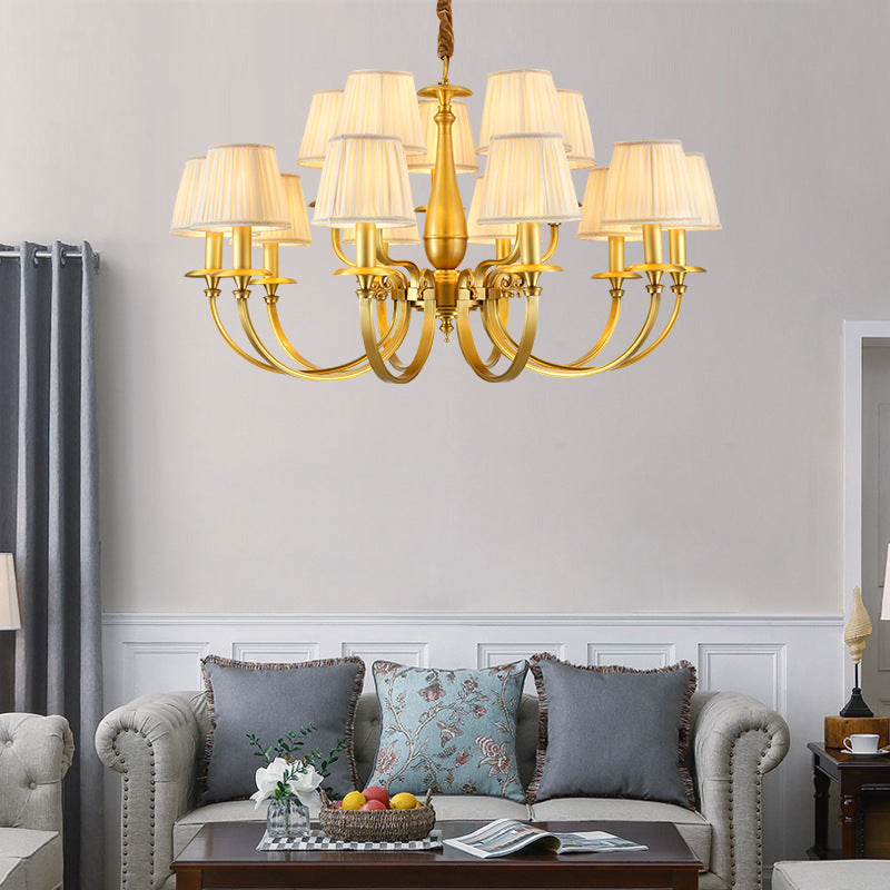 Classic Brass Chandelier with Fabric Shades – Elegant Ceiling Light