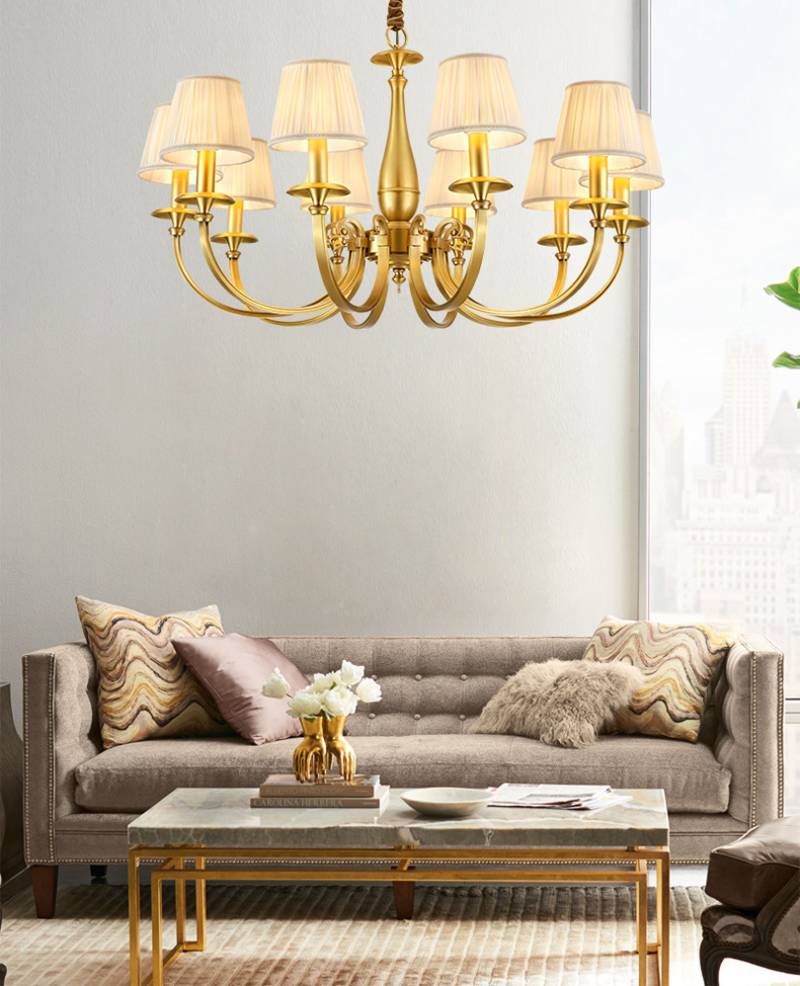 Classic Brass Chandelier with Fabric Shades – Elegant Ceiling Light