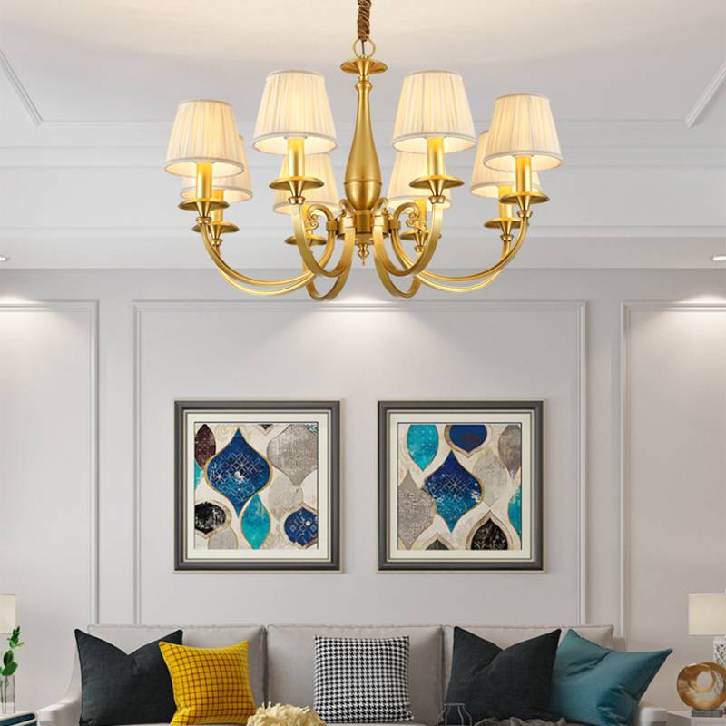 Classic Brass Chandelier with Fabric Shades – Elegant Ceiling Light