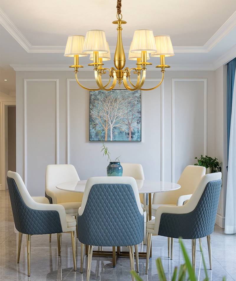 Classic Brass Chandelier with Fabric Shades – Elegant Ceiling Light