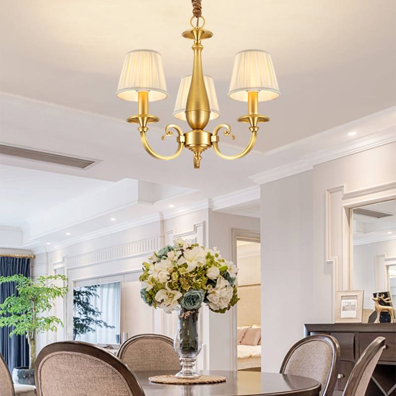 Classic Brass Chandelier with Fabric Shades – Elegant Ceiling Light