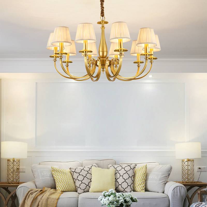 Classic Brass Chandelier with Fabric Shades – Elegant Ceiling Light