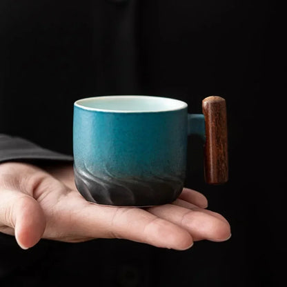 Set of 3 Ceramic Espresso Cups with Wooden Handles Vintage Coffee Cup Set 80ml Small Espresso Mugs for Home Coffee Bar