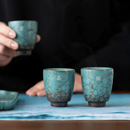 3 Piece Ceramic Espresso Cup Gift Set Rustic Blue Coffee Cups with Gift Box & Bag for Espresso Cortado Coffee Bar 85ml