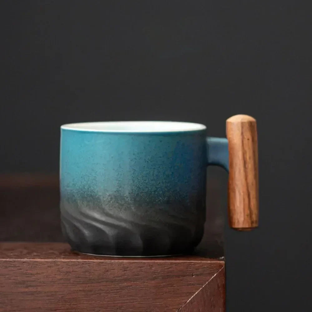 Set of 3 Ceramic Espresso Cups with Wooden Handles Vintage Coffee Cup Set 80ml Small Espresso Mugs for Home Coffee Bar