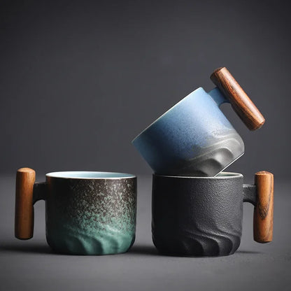 Set of 3 Ceramic Espresso Cups with Wooden Handles Vintage Coffee Cup Set 80ml Small Espresso Mugs for Home Coffee Bar