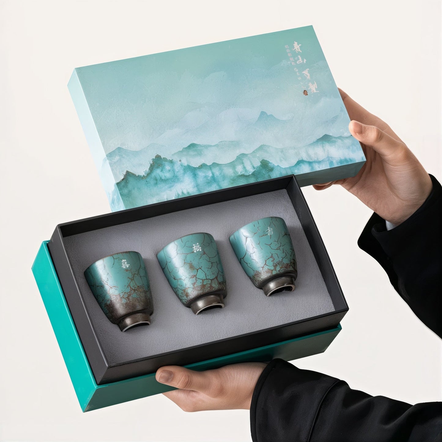 3 Piece Ceramic Espresso Cup Gift Set Rustic Blue Coffee Cups with Gift Box & Bag for Espresso Cortado Coffee Bar 85ml