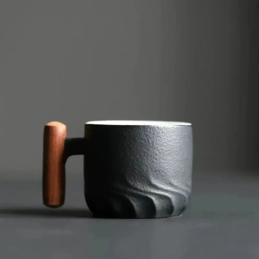 Set of 3 Ceramic Espresso Cups with Wooden Handles Vintage Coffee Cup Set 80ml Small Espresso Mugs for Home Coffee Bar