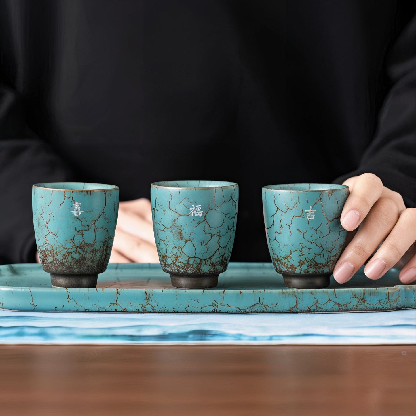 3 Piece Ceramic Espresso Cup Gift Set Rustic Blue Coffee Cups with Gift Box & Bag for Espresso Cortado Coffee Bar 85ml