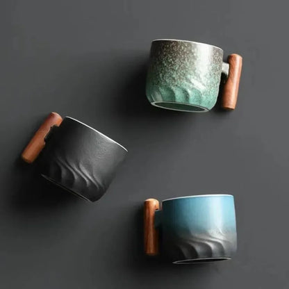 Set of 3 Ceramic Espresso Cups with Wooden Handles Vintage Coffee Cup Set 80ml Small Espresso Mugs for Home Coffee Bar
