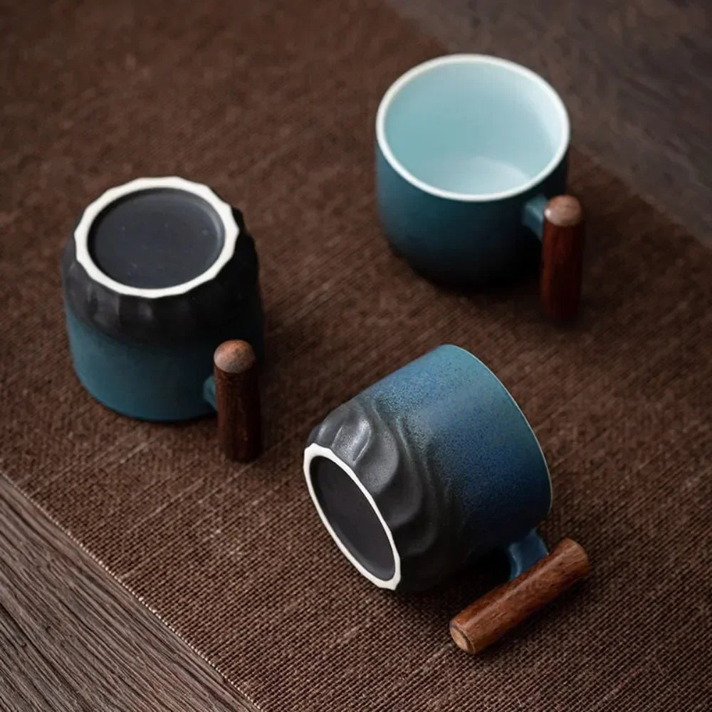 Set of 3 Ceramic Espresso Cups with Wooden Handles Vintage Coffee Cup Set 80ml Small Espresso Mugs for Home Coffee Bar