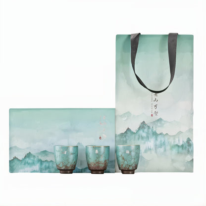 3 Piece Ceramic Espresso Cup Gift Set Rustic Blue Coffee Cups with Gift Box & Bag for Espresso Cortado Coffee Bar 85ml