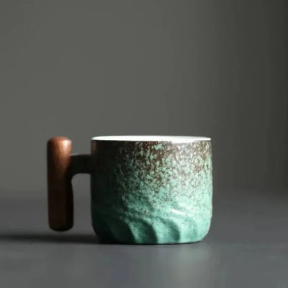Set of 3 Ceramic Espresso Cups with Wooden Handles Vintage Coffee Cup Set 80ml Small Espresso Mugs for Home Coffee Bar