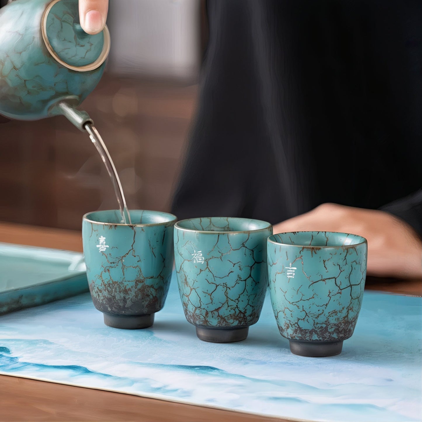 3 Piece Ceramic Espresso Cup Gift Set Rustic Blue Coffee Cups with Gift Box & Bag for Espresso Cortado Coffee Bar 85ml