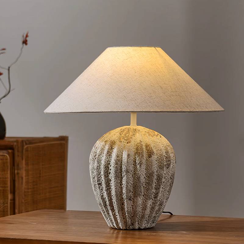 Rustic Ceramic Table Lamp with Linen Shade – Large Bedside Lighting