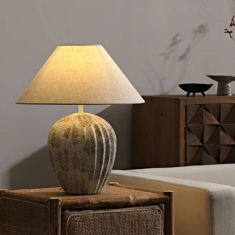 Rustic Ceramic Table Lamp with Linen Shade – Large Bedside Lighting