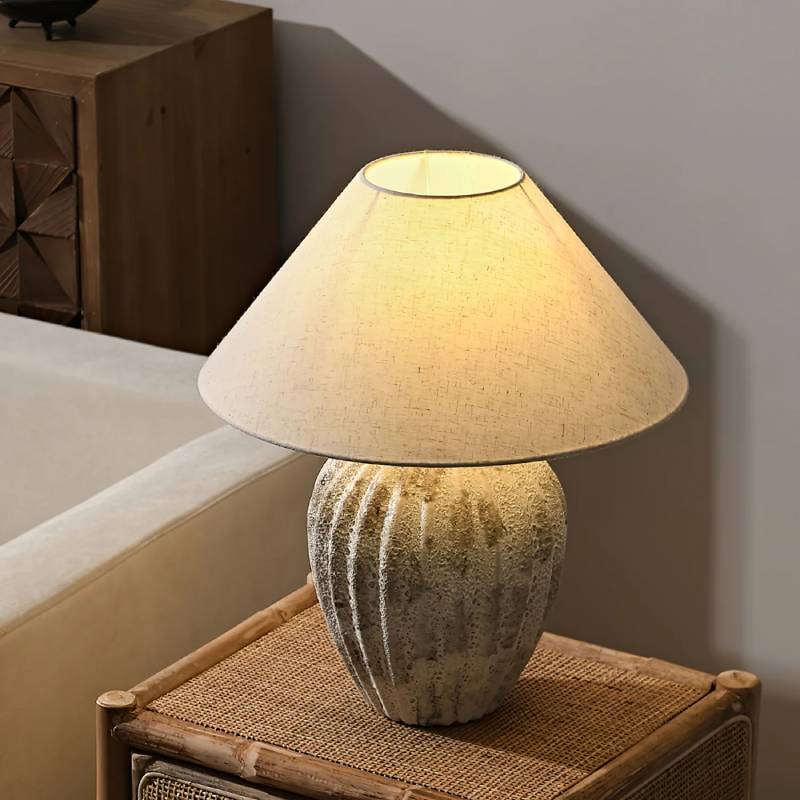 Rustic Ceramic Table Lamp with Linen Shade – Large Bedside Lighting