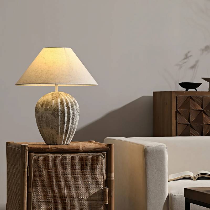 Rustic Ceramic Table Lamp with Linen Shade – Large Bedside Lighting