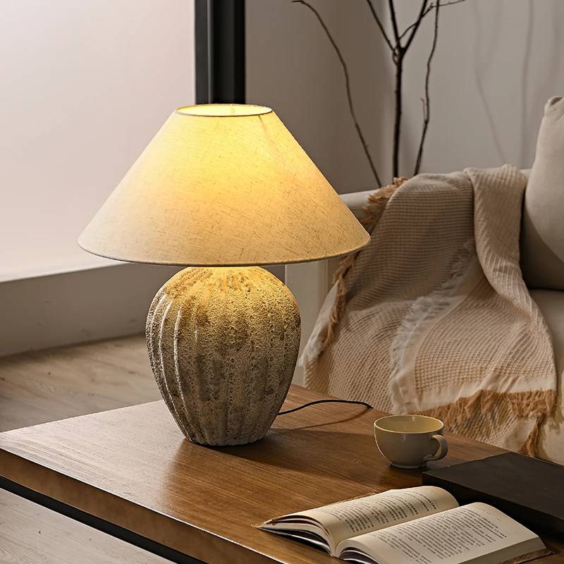 Rustic Ceramic Table Lamp with Linen Shade – Large Bedside Lighting