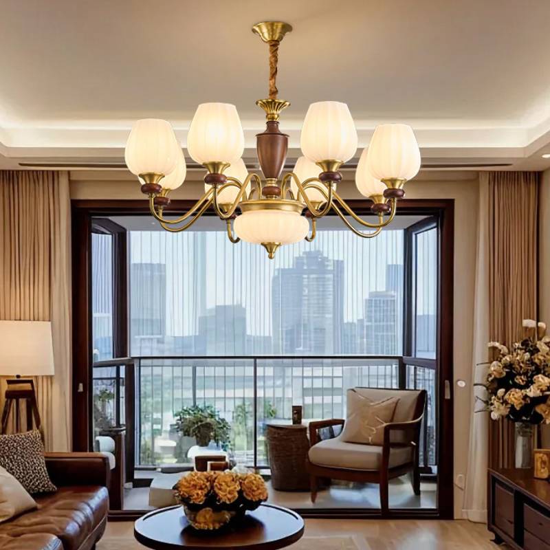 Traditional Chandelier – Gold & Walnut Ceiling Light for Living Room