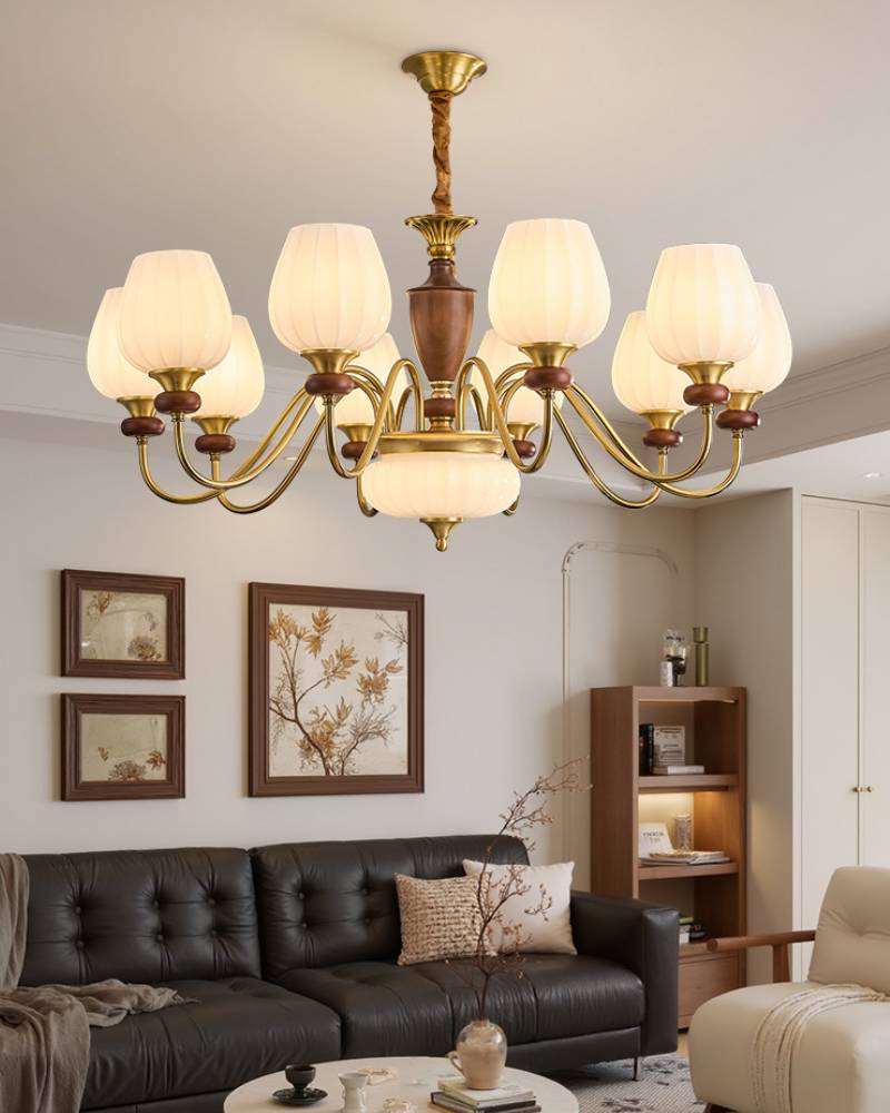 Traditional Chandelier – Gold & Walnut Ceiling Light for Living Room
