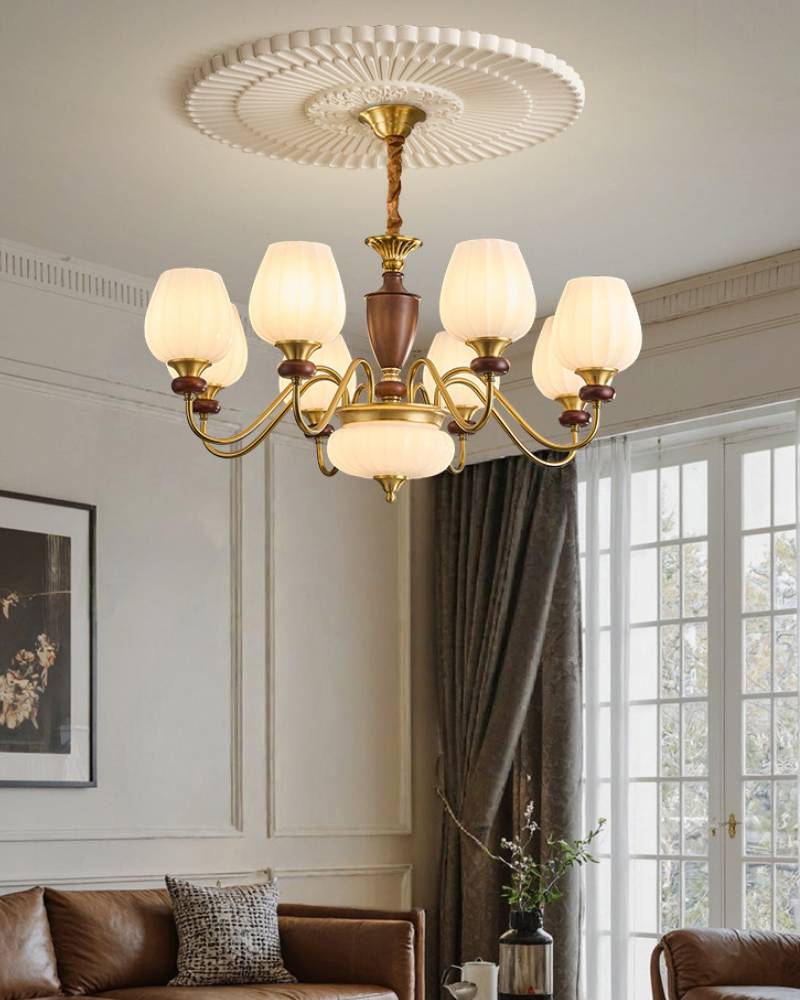 Traditional Chandelier – Gold & Walnut Ceiling Light for Living Room