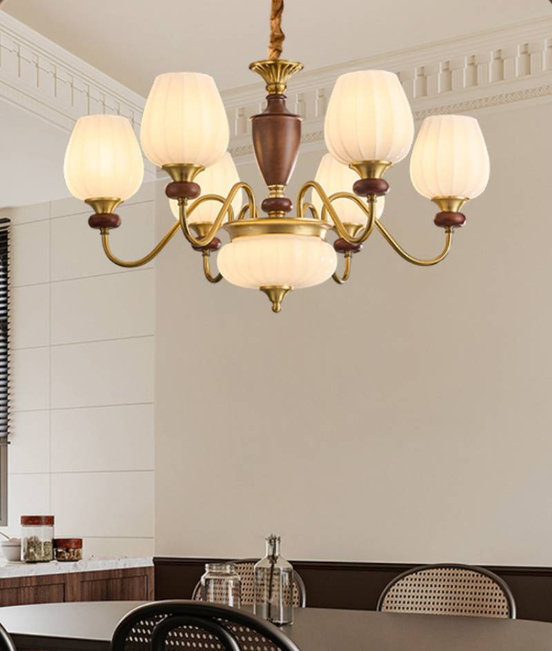 Traditional Chandelier – Gold & Walnut Ceiling Light for Living Room