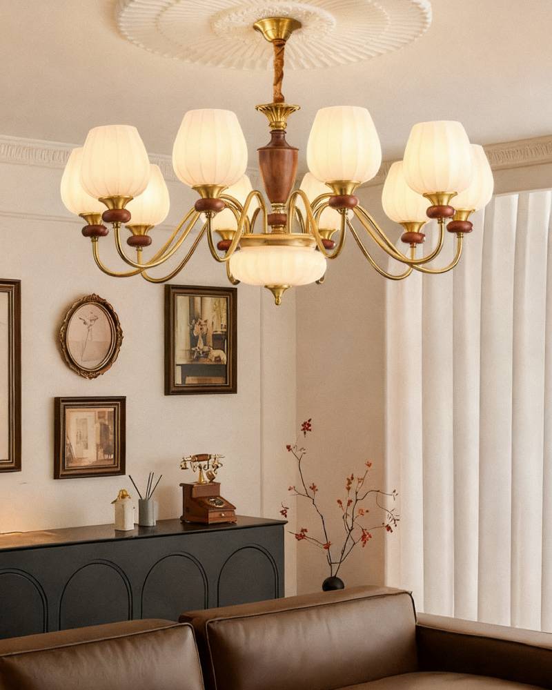 Traditional Chandelier – Gold & Walnut Ceiling Light for Living Room