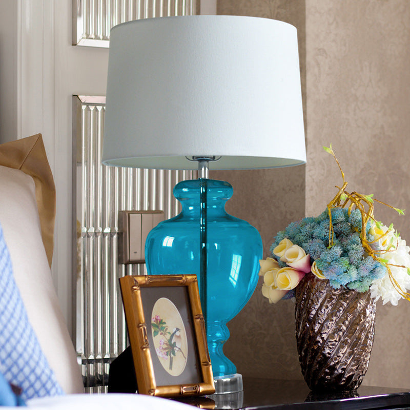 Glass Table Lamp with Fabric Shade – Modern Bedroom Lighting