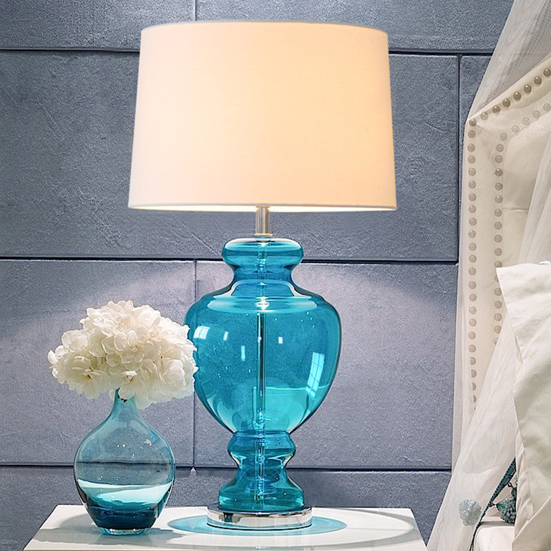Glass Table Lamp with Fabric Shade – Modern Bedroom Lighting