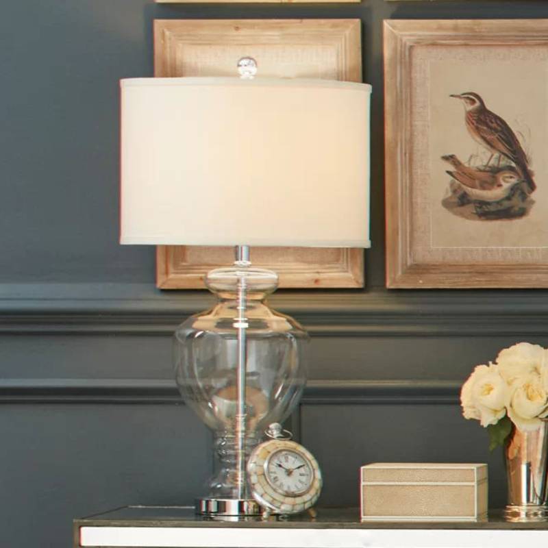 Glass Table Lamp with Fabric Shade – Modern Bedroom Lighting