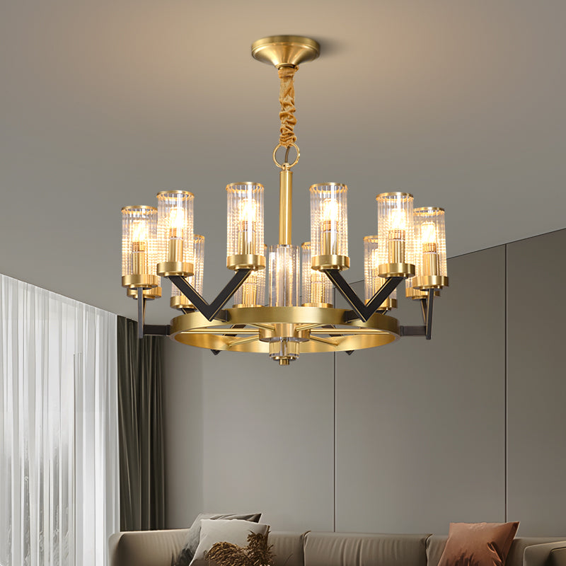 Vorelle Gold Chandelier – Modern Glass Cylinder Ceiling Light
