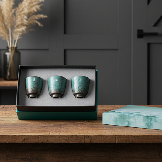 3 Piece Ceramic Espresso Cup Gift Set Rustic Blue Coffee Cups with Gift Box & Bag for Espresso Cortado Coffee Bar 85ml