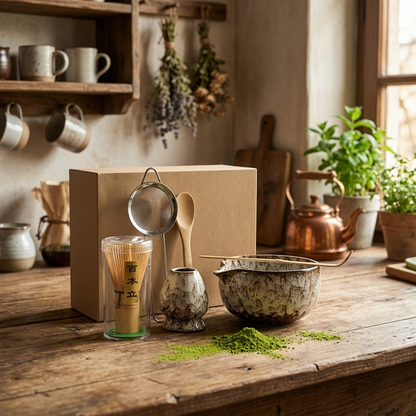 Matcha Tea Set with Ceramic Bowl & Bamboo Whisk Rustic Marble Matcha Kit for Traditional Japanese Tea Preparation & Gifting