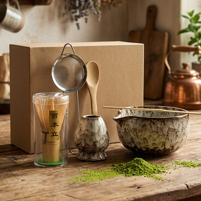Matcha Tea Set with Ceramic Bowl & Bamboo Whisk Rustic Marble Matcha Kit for Traditional Japanese Tea Preparation & Gifting