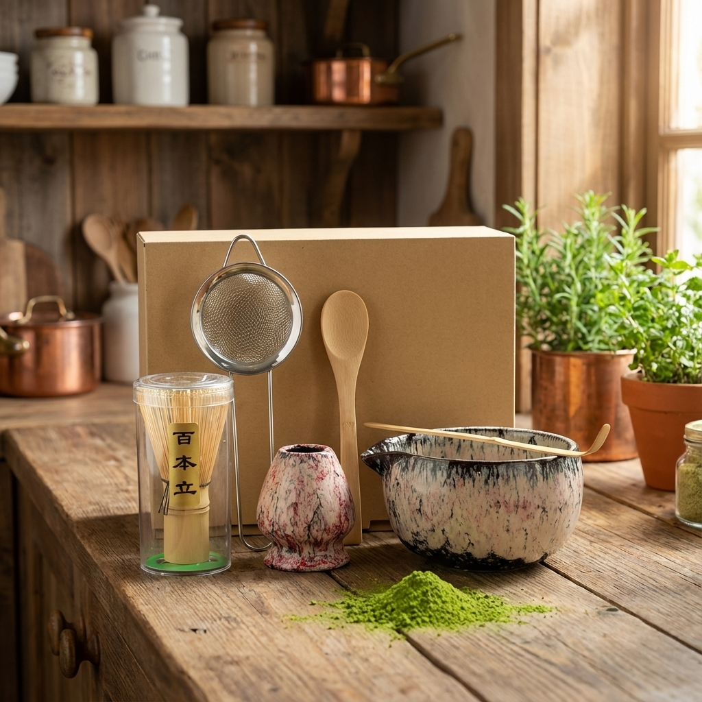 Matcha Tea Set with Ceramic Bowl & Bamboo Whisk Rustic Marble Matcha Kit for Traditional Japanese Tea Preparation & Gifting