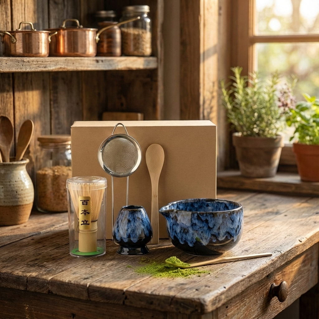 Matcha Tea Set with Ceramic Bowl & Bamboo Whisk Rustic Marble Matcha Kit for Traditional Japanese Tea Preparation & Gifting