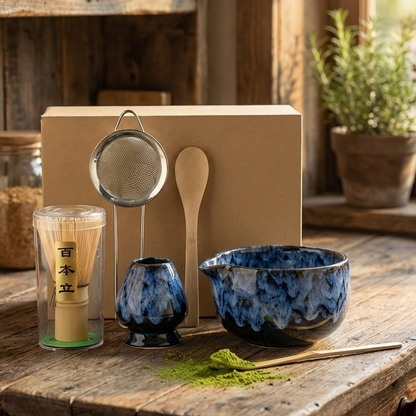Matcha Tea Set with Ceramic Bowl & Bamboo Whisk Rustic Marble Matcha Kit for Traditional Japanese Tea Preparation & Gifting