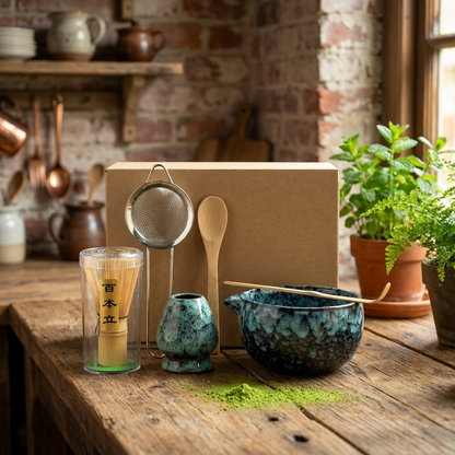 Matcha Tea Set with Ceramic Bowl & Bamboo Whisk Rustic Marble Matcha Kit for Traditional Japanese Tea Preparation & Gifting