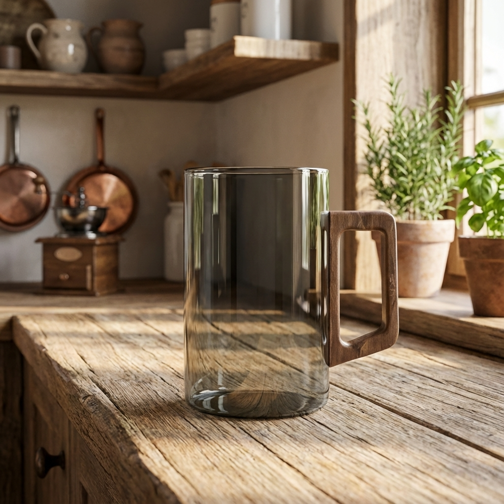 Set of 4 Smokey Gray Glass Coffee Cups with Wooden Handles 400ml Modern Glass Mugs for Tea Coffee Latte & Iced Drinks