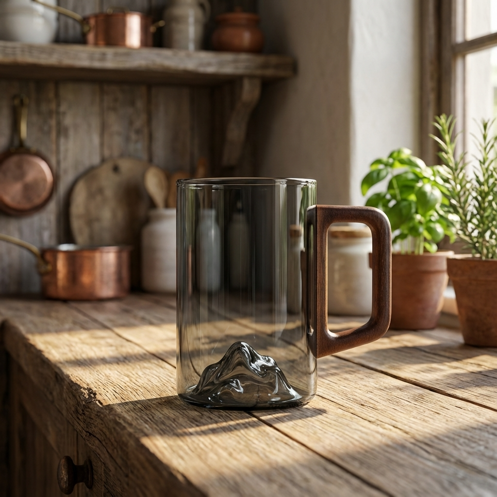 Set of 4 Smokey Gray Glass Coffee Cups with Wooden Handles 350ml Tall Mountain Mugs for Latte Tea Coffee & Iced Drinks